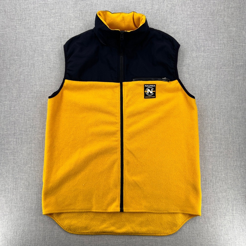Vtg Y2K Nautica Competition Fleece Vest Men XL Yellow Navy Colorblock USA Made